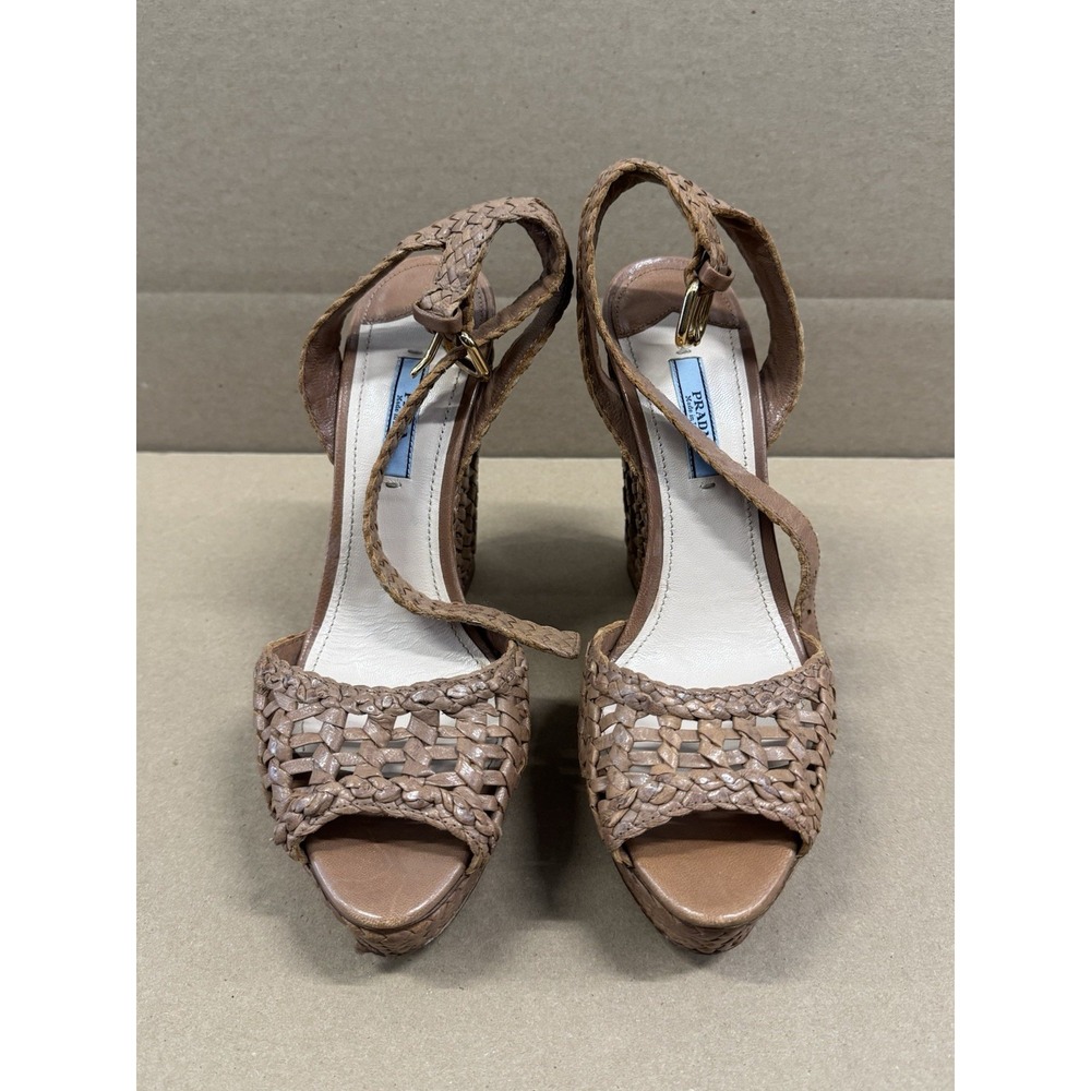 Prada Women's Leather Braided‎ Woven Espadrilles Brown Size 39.5 - Picture 2 of 8